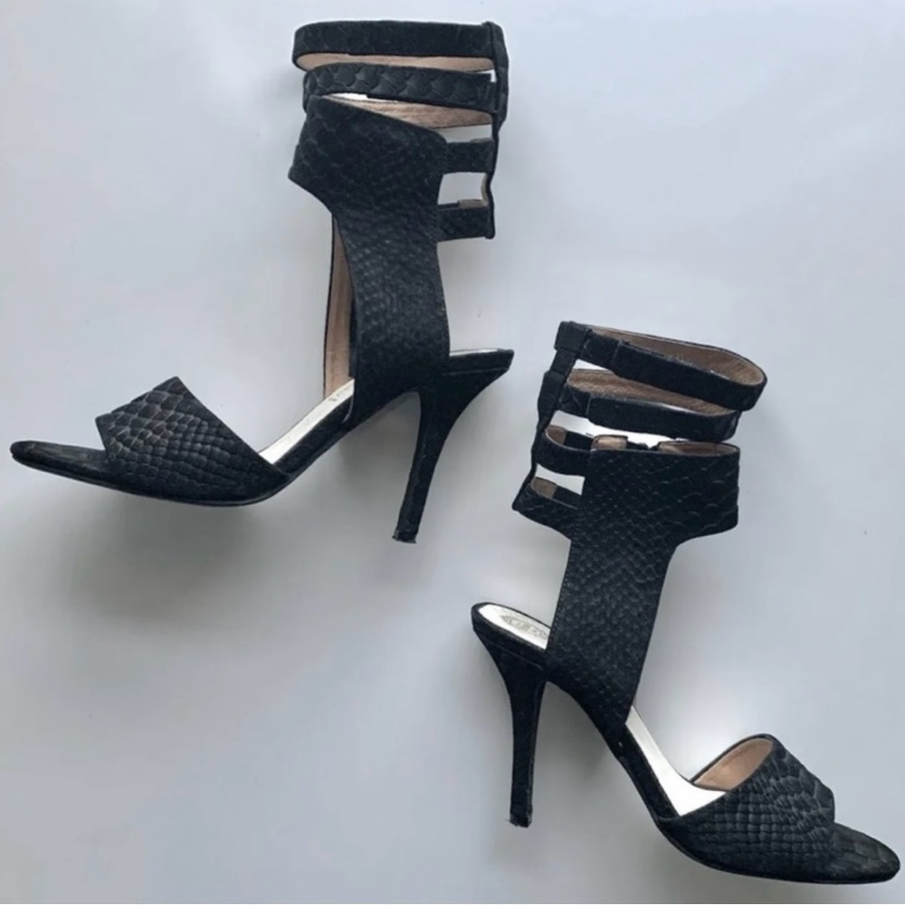 Jeffrey Campbell Sandals Ibiza Black Snakeskin Caged Ankle Stiletto Heel 5